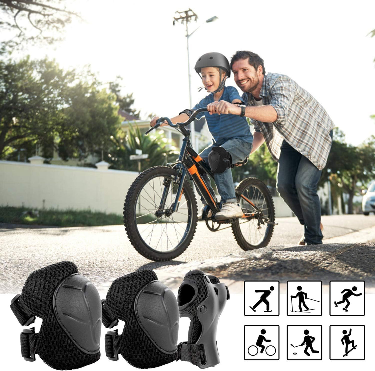 WayEee Kids Bike Helmet Set Knee Pads Adjustable Protective Gear - Black / S(3-10years) - image 2