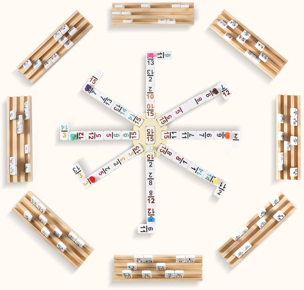 Mexican Train Dominoes Set with Numbers and 4 Wooden Trays/Racks - D15 Numbers 8 Players - image 3