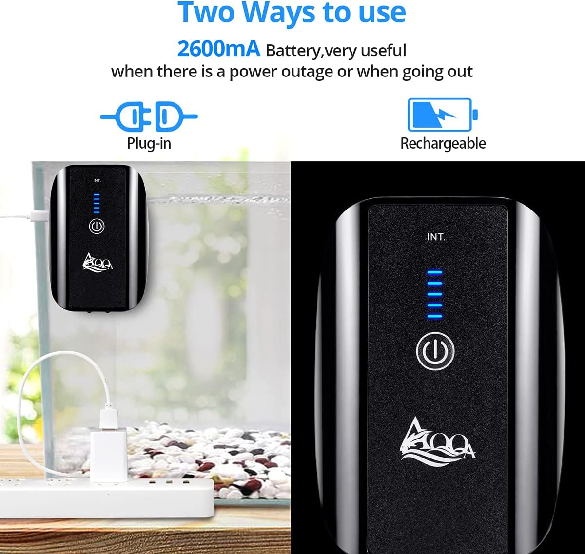 AQQA Aquarium Air Pump Battery Powered USB Rechargeable Aerator - 5W(0-160gallon) - image 2