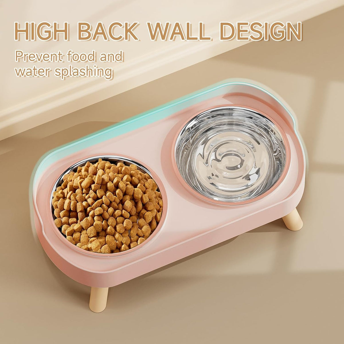 Elevated Cat Bowl, Raised Cat Food and Water Bowl Set for Indoor Cats, Splash Proof with 2 - Cat Bowls-Pink - image 2