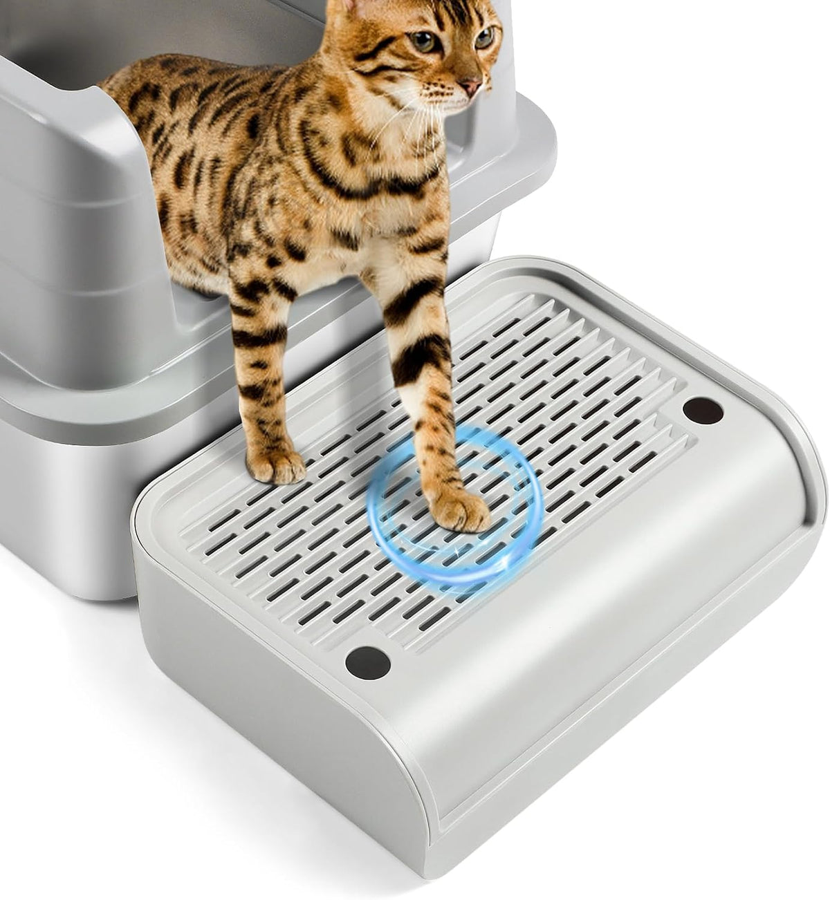 Cat Litter Box Step, Large Cat Litter Ramp with Filter Function - Light Grey Raised