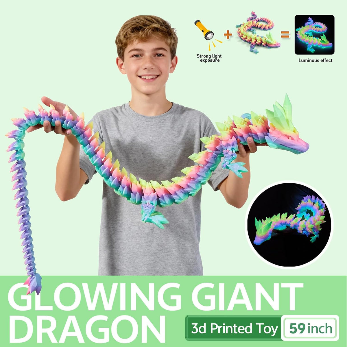 3D Printed Dragon 24 Inch - Luminous Rainbow / 59in - image 4