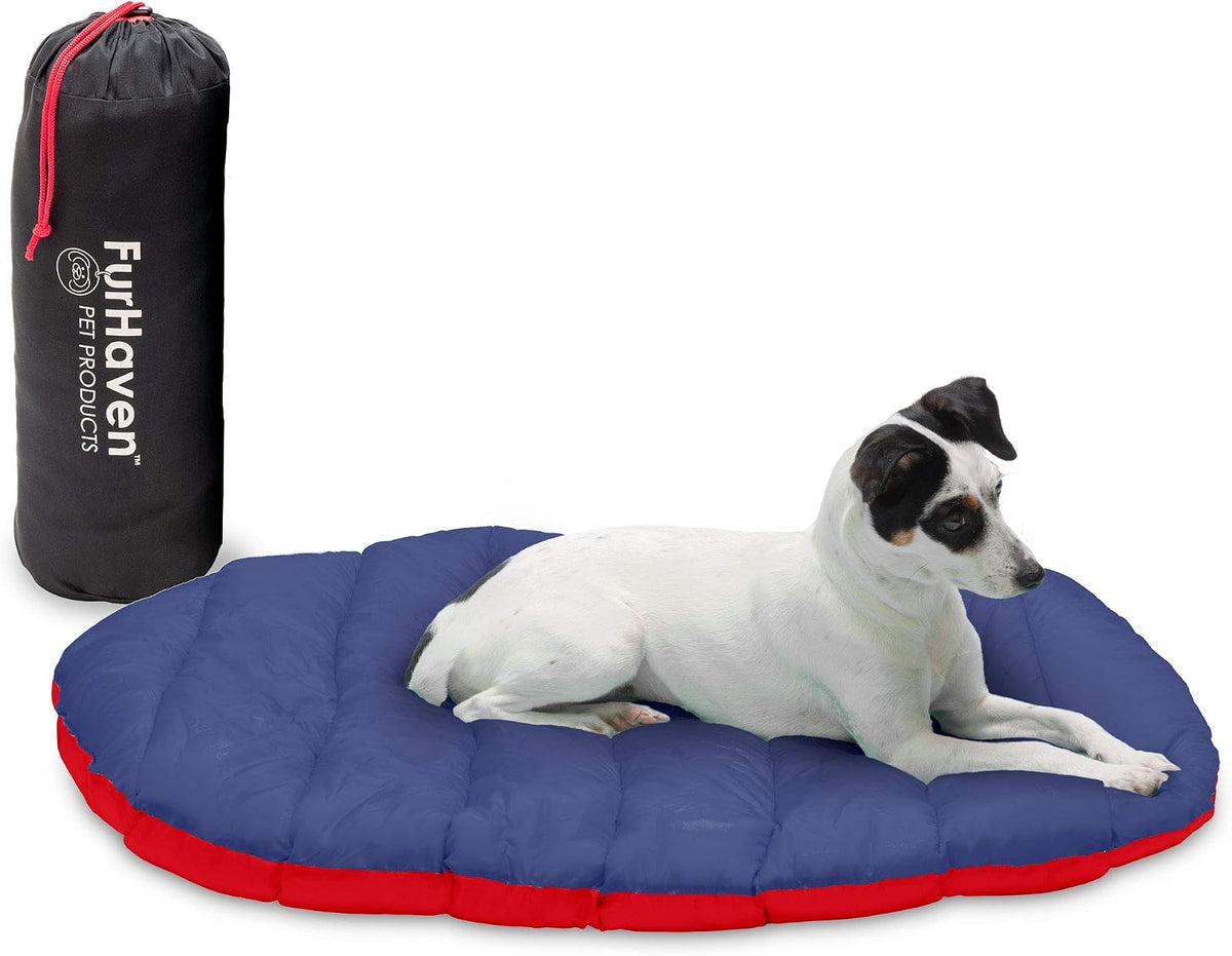 Furhaven Outdoor Travel Dog Bed for Large/Medium Dogs w/ Carry Bag - Small / Flame Red/True Blue
