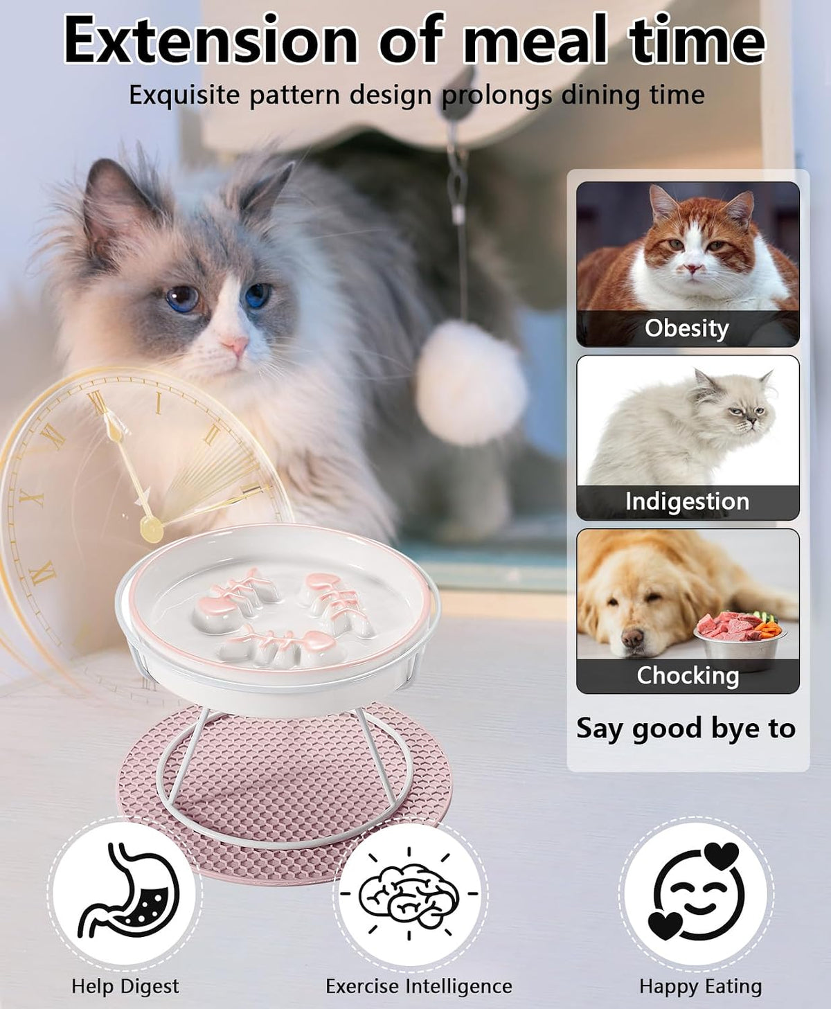 Ceramic Elevated Slow Feeder Cat Bowl, Anti Vomit - Pink - image 3
