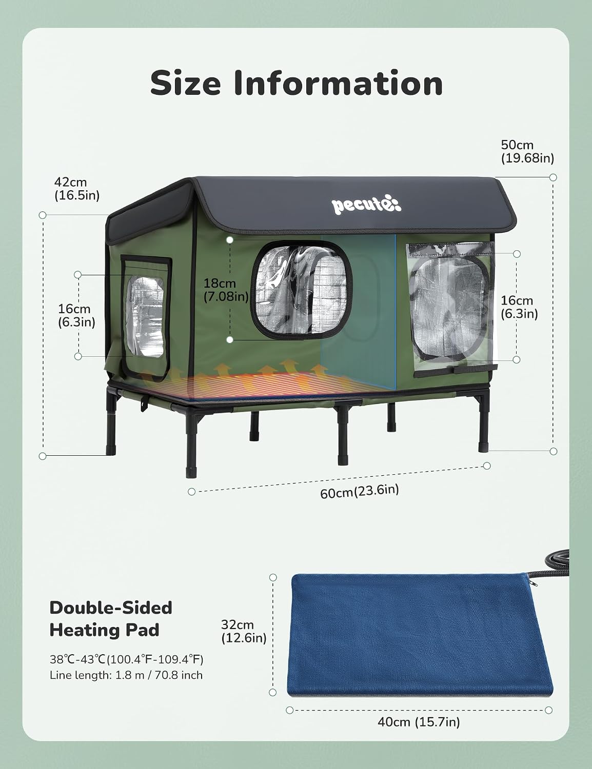 Pecute Insulated Weatherproof Outdoor Cat House with Cat Heating Pad – Essentials for Cats - Large ( 25.5"L x 16.9"W x 18.5"H ) - image 3