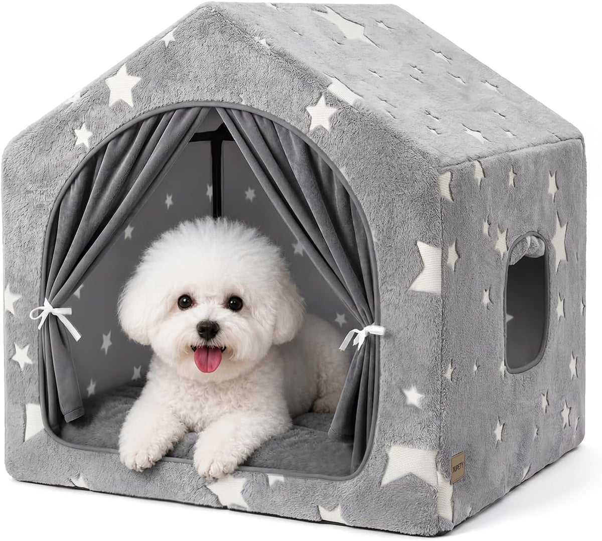 Indoor Dog House with Frame, Cute Dog Tent Bed with Cover Cave - Medium ( 17" × 17" × 17" ) / Gray with flannel