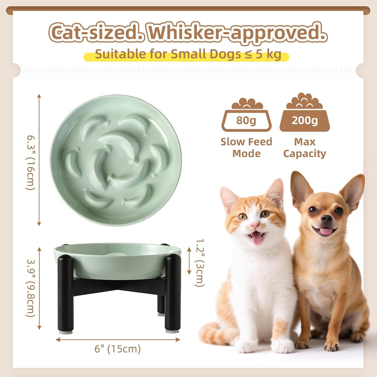 Melamine Slow Feeder Cat Bowls, Dishwasher Safe - Green + Metal Stand / 9"H - image 2
