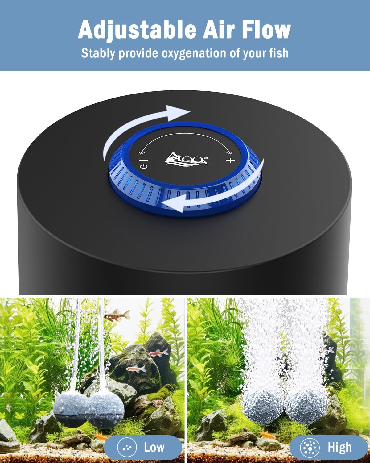 AQQA Aquarium Air Pump, 3W Powerful Dual Outlet Adjustable Oxygen Aerator – Essentials for Fish - 3W(Tank Up to 80 Gallon Aquariums) - image 2