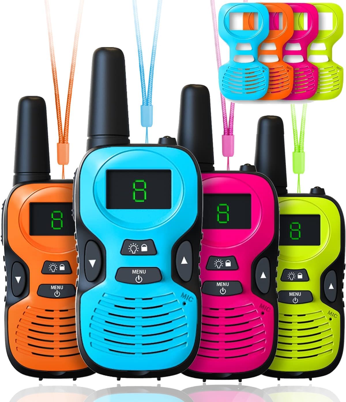 Walkie Talkies for Kids Long Range: 4 Pack 4-Color Replaceable Back - Green Orange Blue Pink