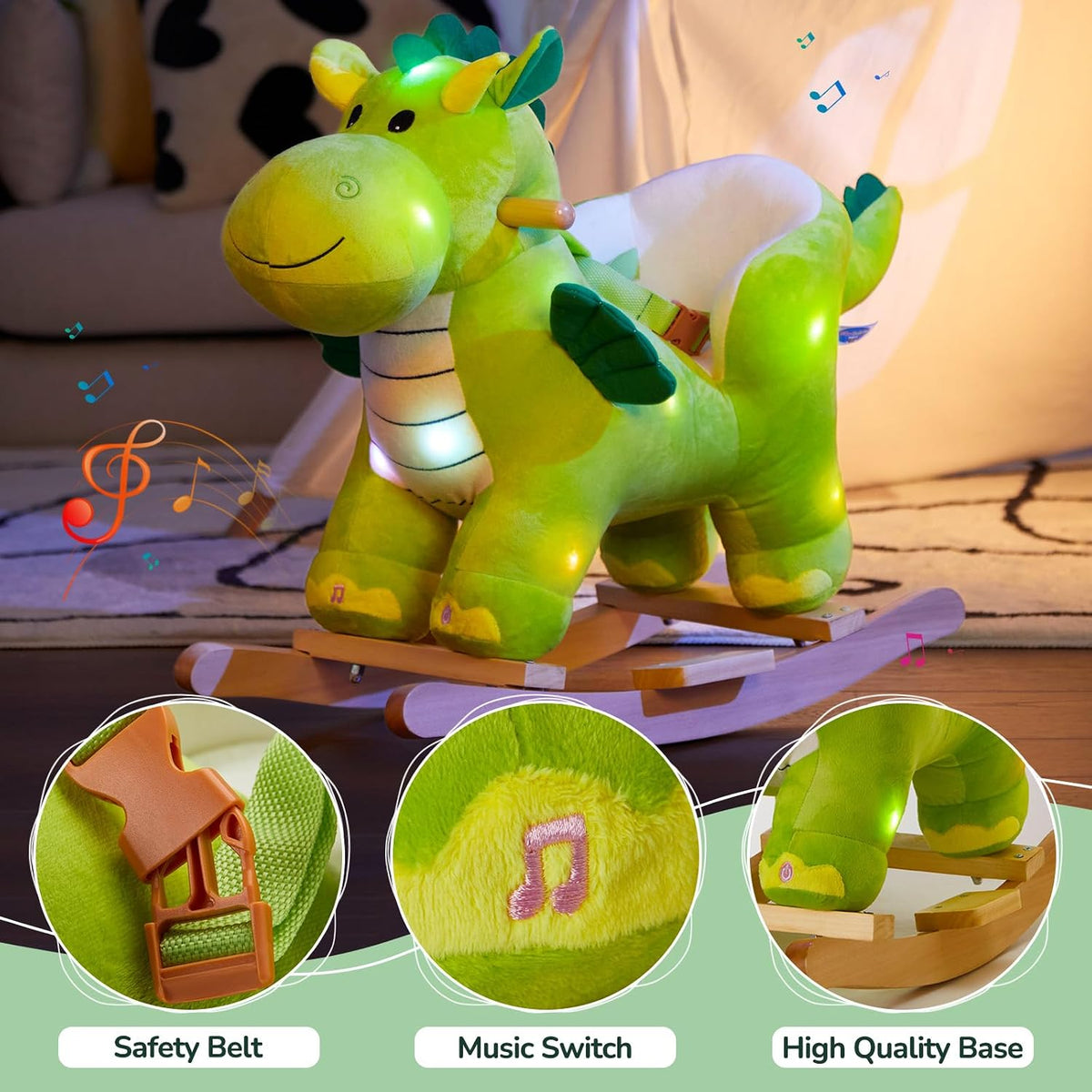 Glow Guards green dinosaur rocking horse with seat belt and plush dinosaur, set of 2 - view 8