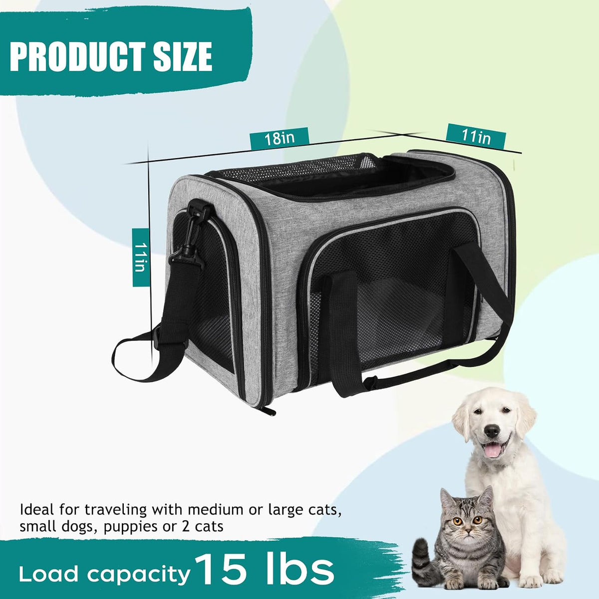 Top tasta Dog Cat Carrier Pet Carriers for Small Medium Large Cats - 18.0"L x 11.5"W x 11.5"H / Grey&Black - image 2
