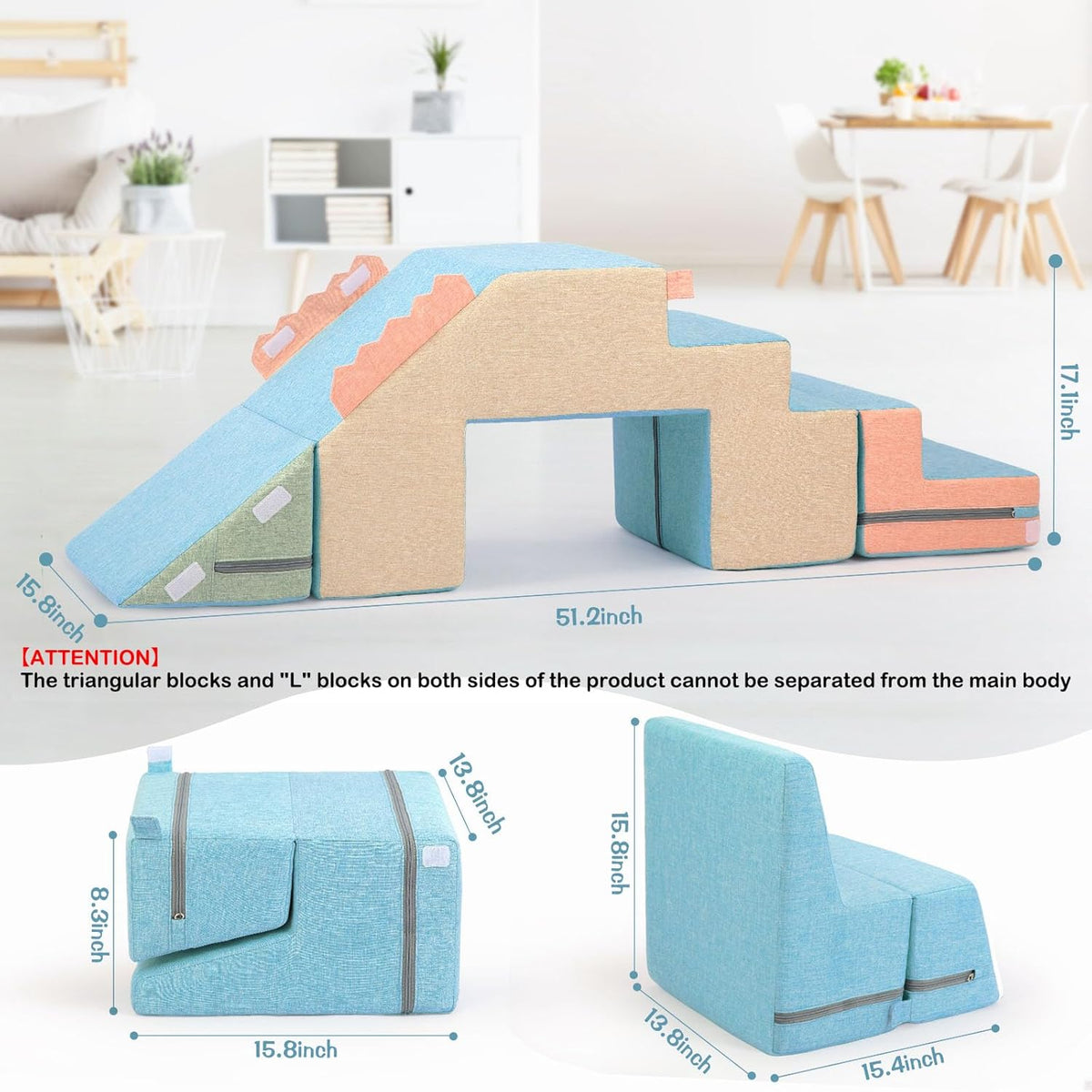 Asweets 4 in 1 foam climbing blocks for toddlers in blue and khaki faux-linen cover - view 3