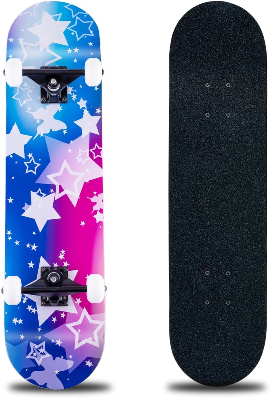 Skateboard,31 x 8 Inch Complete Skateboard, 8-Layer Maple Wood Deck Double Kick Standard - Dream