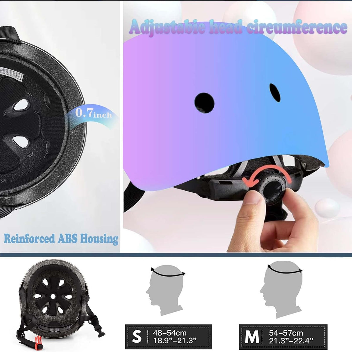 FOOKCIAN Kids Helmet,Toddler Skateboard Helmets for Ages 2-3-5-8-14 Years Boys Girls with Knee - PinkPurpleBlue / Medium: 20.47"-22.83" / 8-14 year - image 2