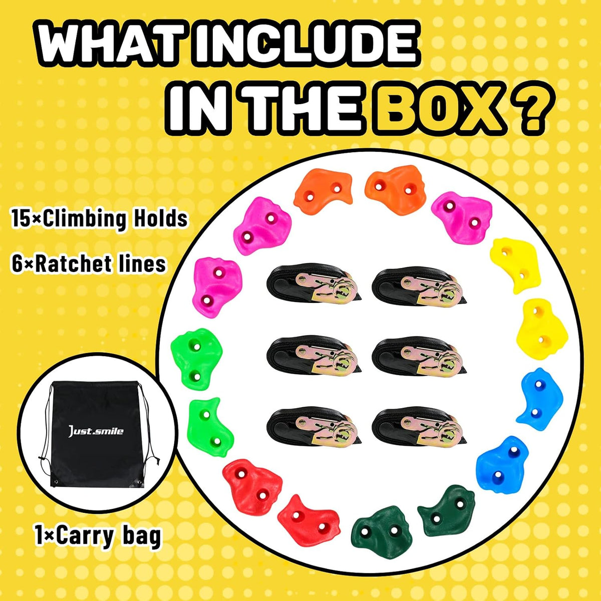 Just.smile tree climbing holds kit with 15 colorful climbing rocks and ratchet straps on a tree - view 2