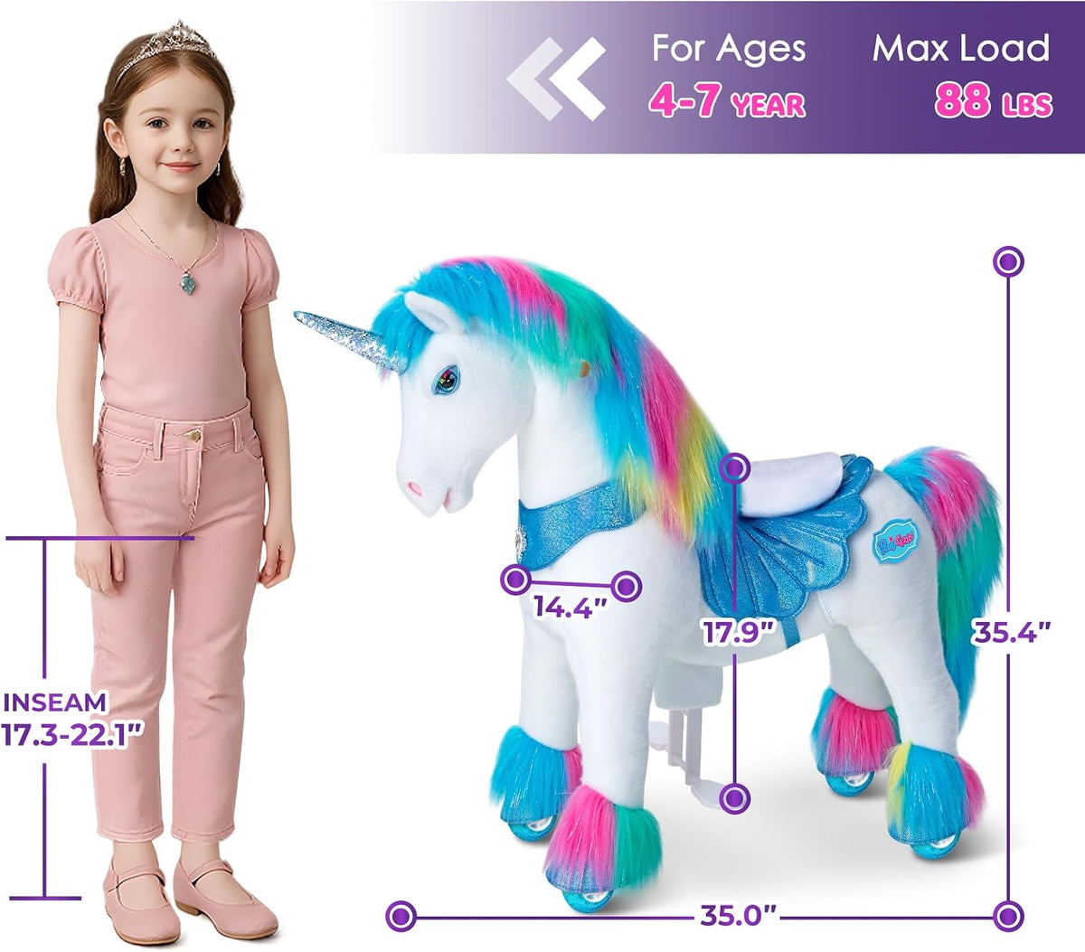 PonyCycle rainbow ride-on unicorn for toddlers with plush body, handlebars and hand brake - view 9