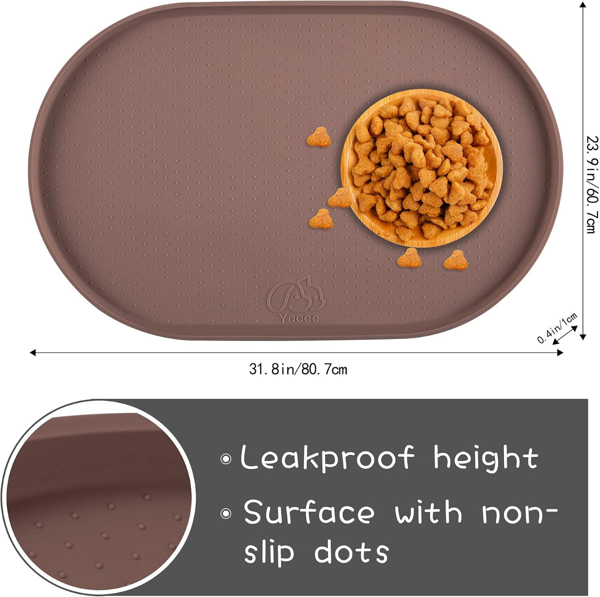 100% Waterproof 0.5" Raised Edge BPA Free Silicone Dog Food Mat - 32x24x1.0 Inch / Brown - image 2