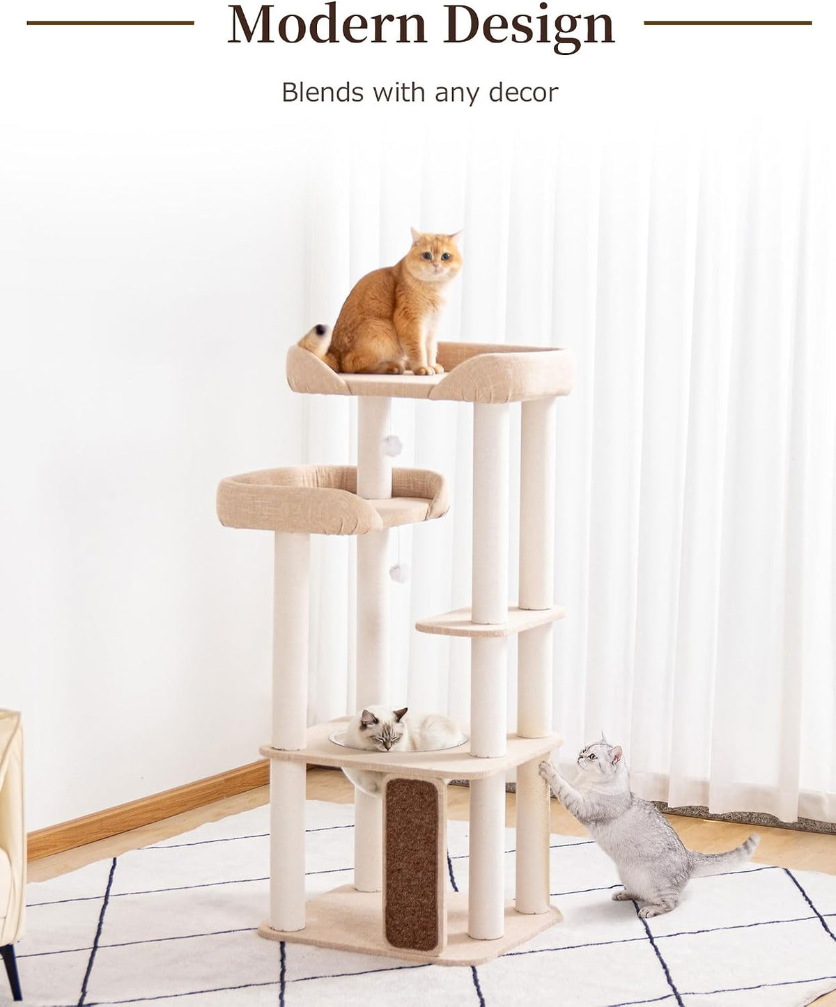 37.5" Cat Tree Tower for Large & Senior Cats, Low-Step Design – Essentials for Cats - Ivory 53" - image 2