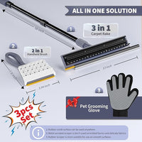3 in 1 Carpet rake Kit for Pet Hair Removal Tool - Reusable Pet Hair Remover Broom w 58" Adjustable Long Handle, Dog & Cat Carpet Scraper, Pet Hair Remover for Rugs, Mats, Couch, Curtains(Gray)