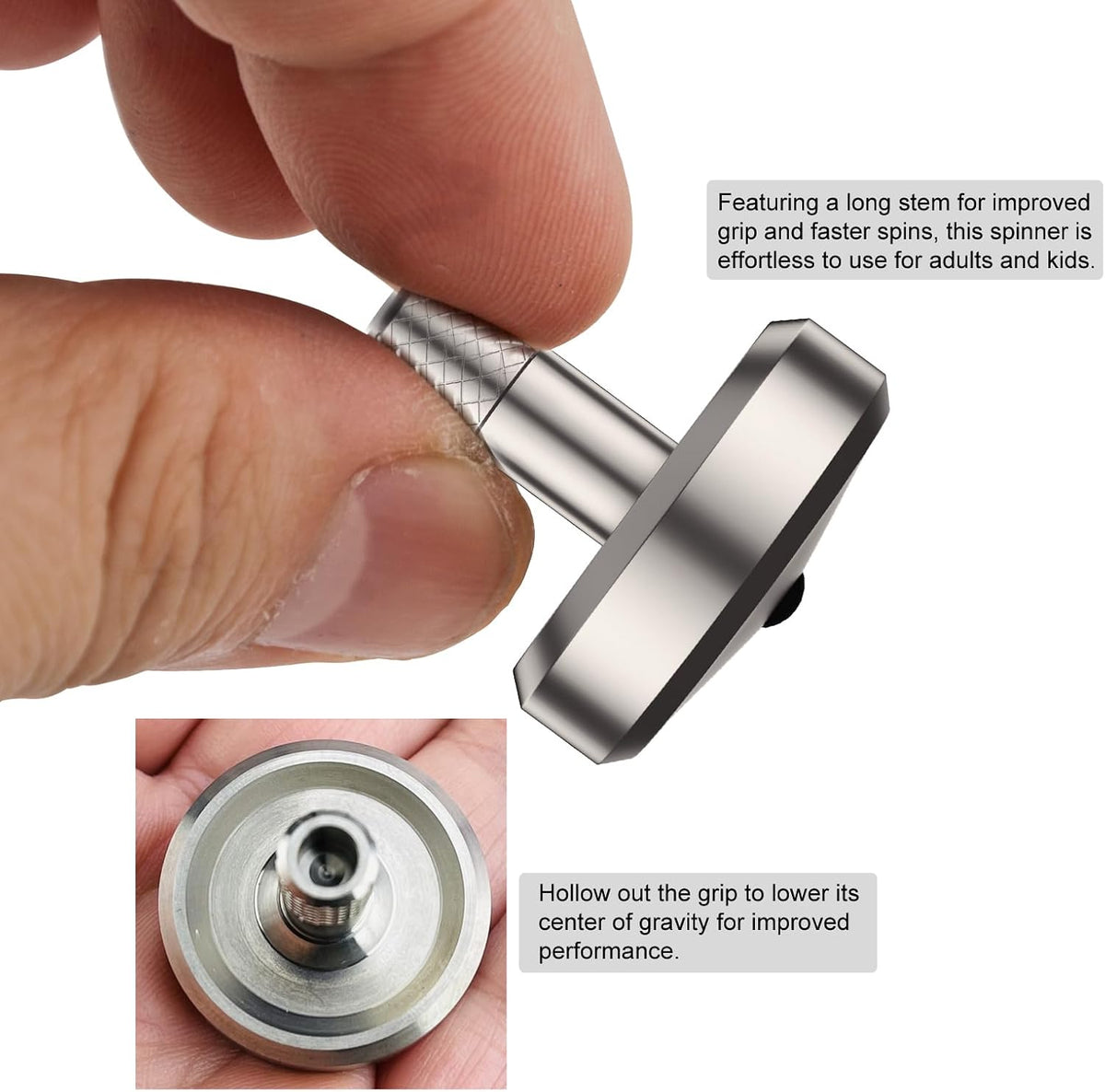 DjuiinoStar CNC machined stainless steel spinning top with ceramic tip and knurled grip - view 16