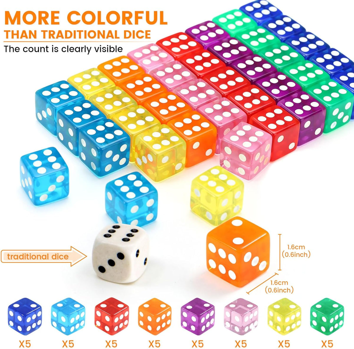 GWHOLE 40 Pieces 16mm Dice Set, 8 Translucent Colors – Fun for Kids & Family - image 2