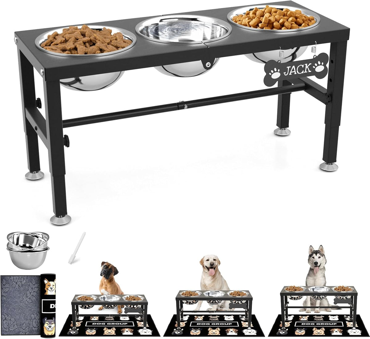 SHAINFUN Elevated Dog Bowls with Slow Feeder & Mat for Medium - Black-1.7L-Three