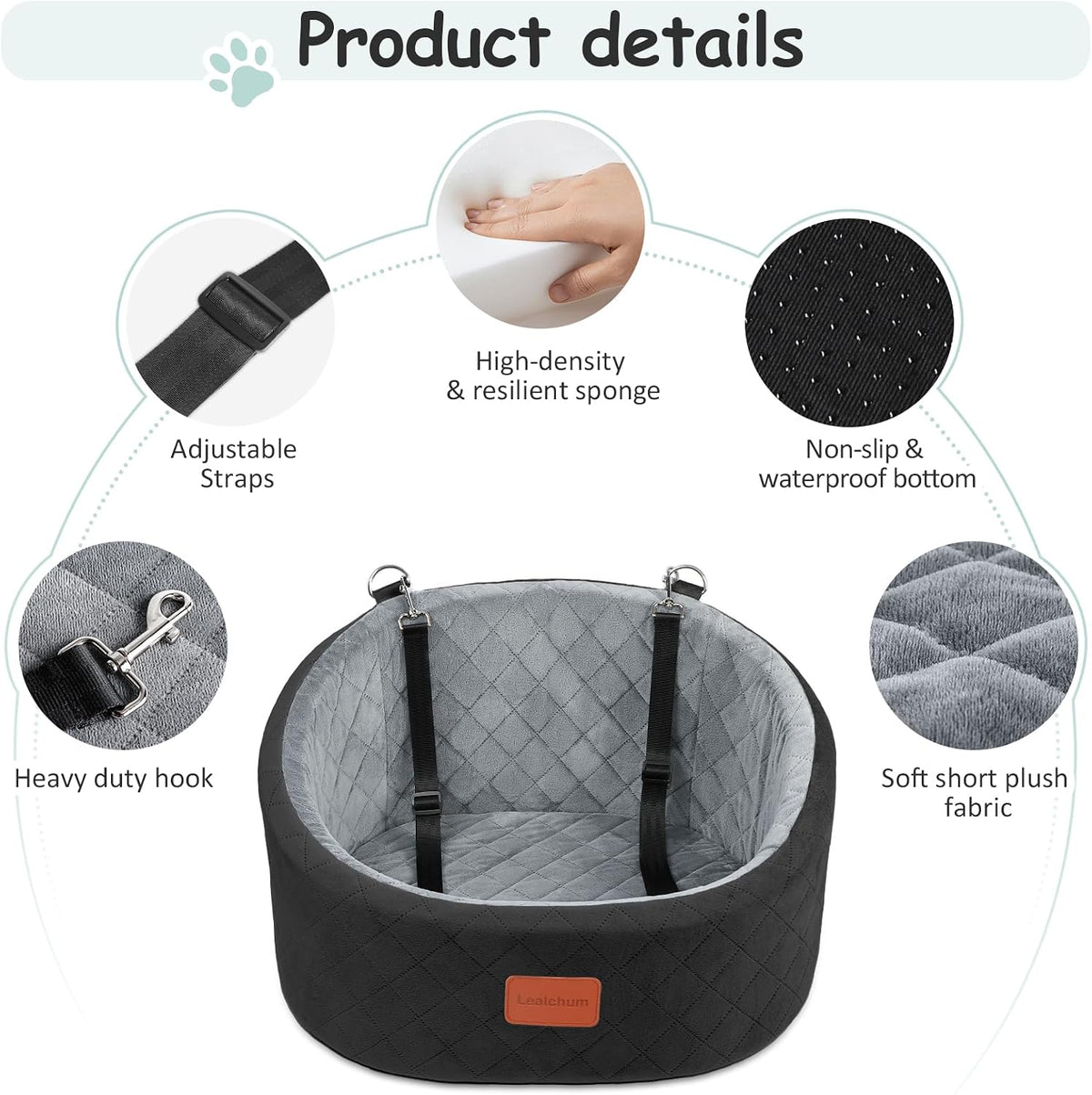 Lealchum Dog Car Seat for Small Dogs Up to 30 Lbs with 2 Safety Dog - Black/Grey / Small - image 3