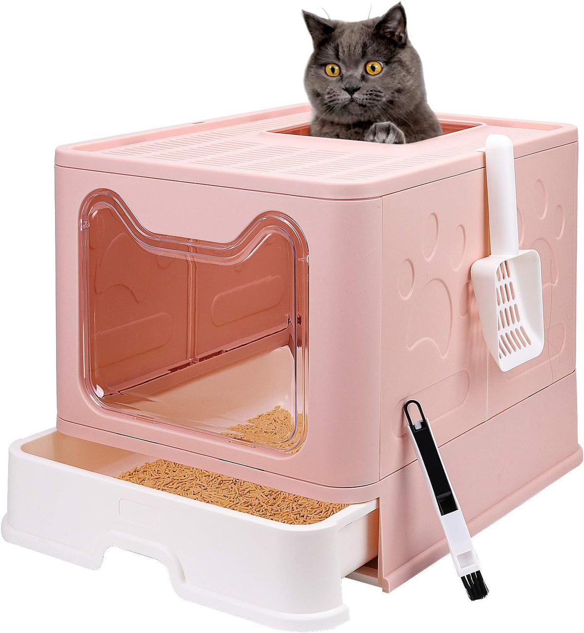 XL Foldable Cat Litter Box with Lid, Jumbo Enclosed Potty - Pink / Large