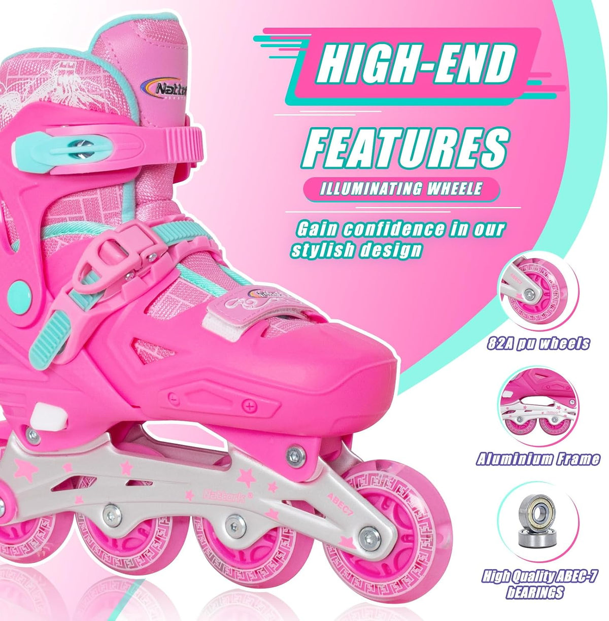 Nattork adjustable inline skates for kids with light-up wheels and checkerboard upper - view 29