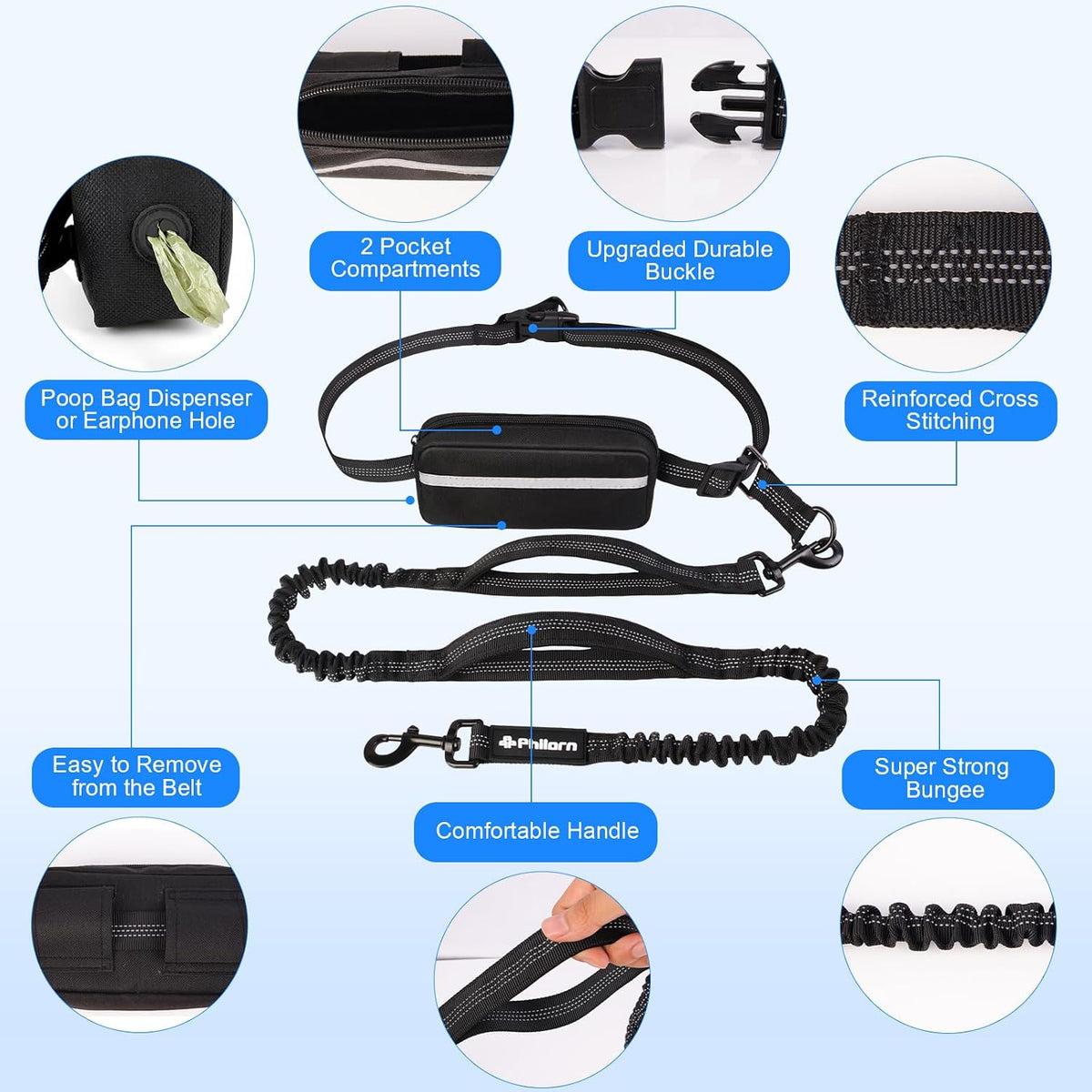 Philorn Hands Free Dog Leash for Dogs with Pouch - Black for 1 - image 3