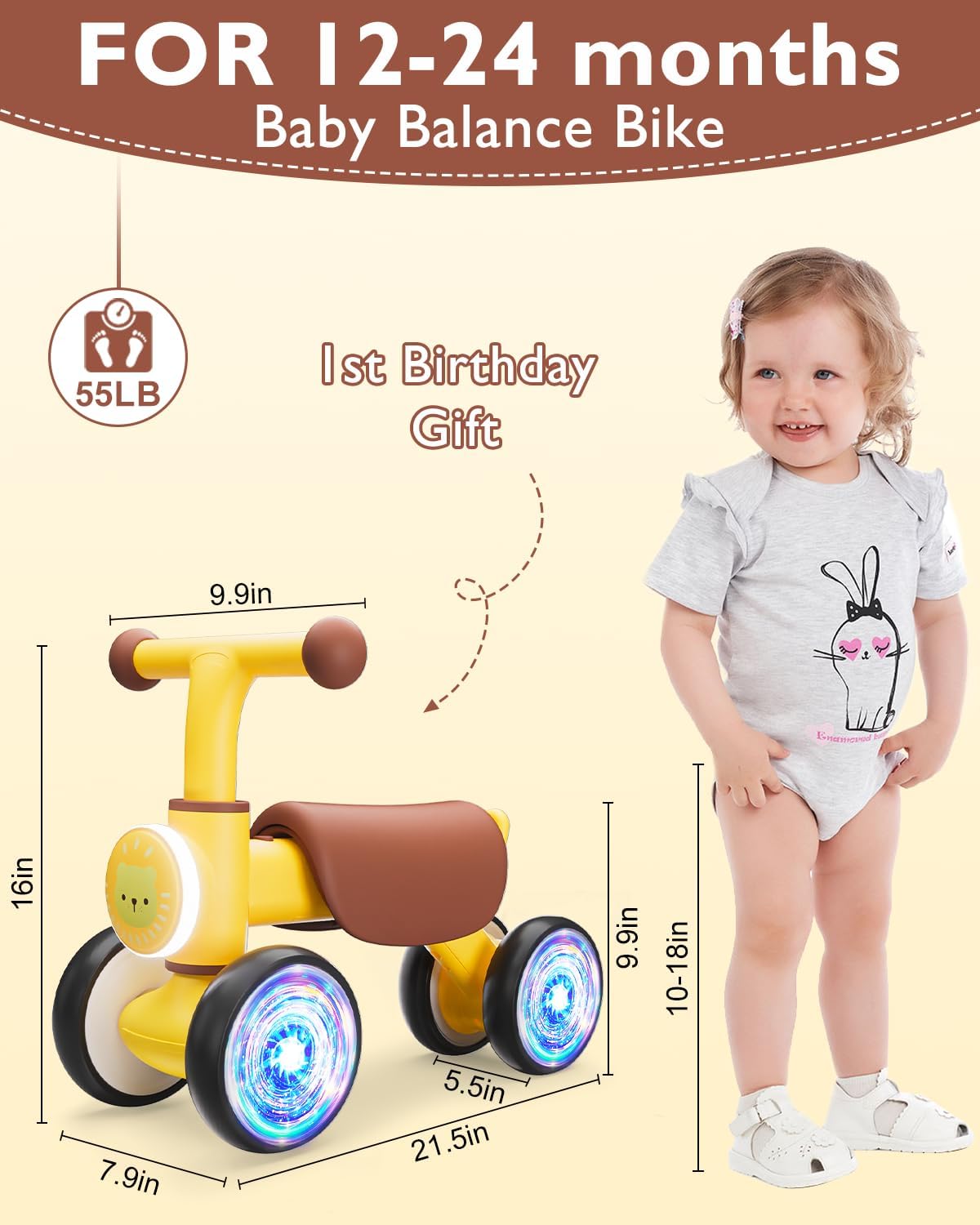 Balance Bike Toddler Outdoor Toys for 1 2 Year Old Girl Birthday Gifts – Fun for Kids & Family - Yellow - image 4