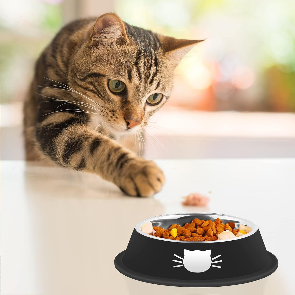 Serentive 2 Pcs Non-Slip Stainless Steel Small Cat Food Bowls - Silver, Black / 7 oz - image 4