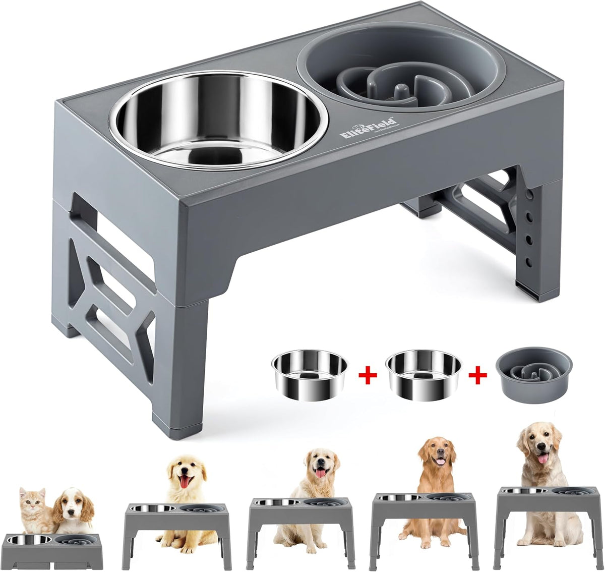EliteField Elevated Dog Bowls - 2 Bowls + 1 Slow Feeder / Gray