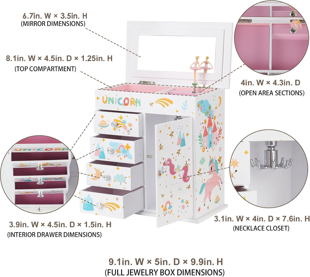 Jewelry Box for Girls 5-Layer with Swing Door Spinning Ballerina - White - image 4