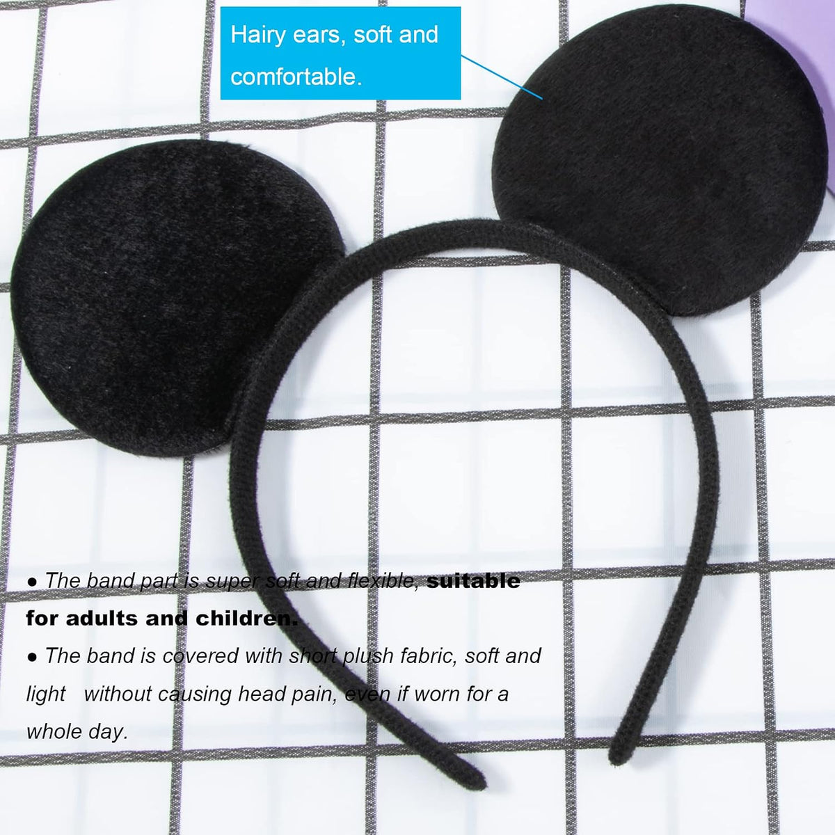 CHuangQi solid black mouse ears headband, 2 pack with plush covered band - view 3