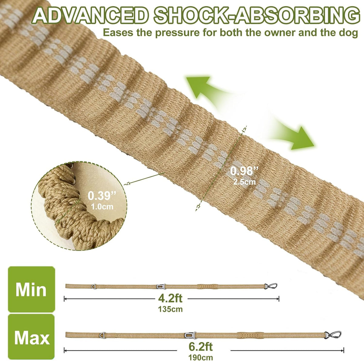 Dog Leash Heavy Duty, Bungee Leash Reflective Car Seat Belt for Dogs Brown – Essentials for Dogs - Khaki - image 4