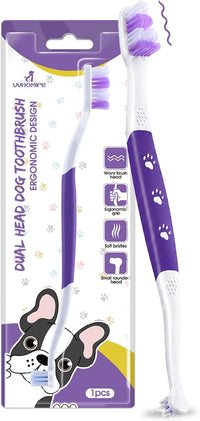 Purple dual-head dog toothbrush with S-shaped handle for medium and large dogs