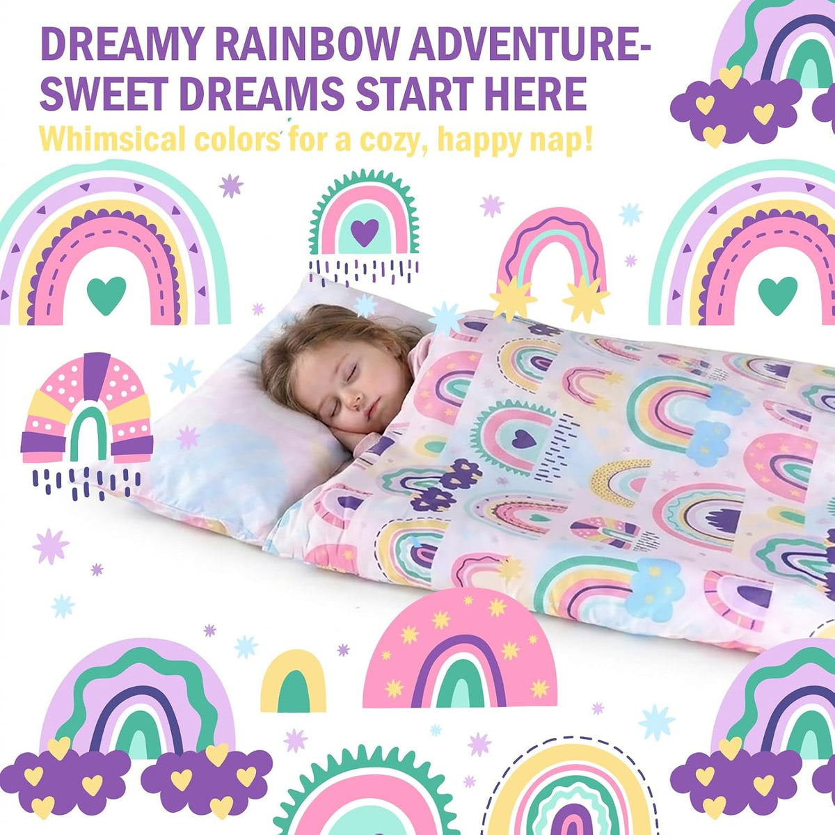 Toddler Nap Mat with Removable Pillow & Soft Blanket - Rianbow - image 3