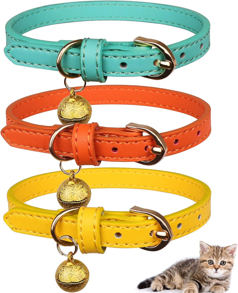 3 Pack Leather Cat Collars with Bells Soft Pet Safety Collar Kitten - XS: 6.6"-8.6" / Orange+Yellow+Mint Green