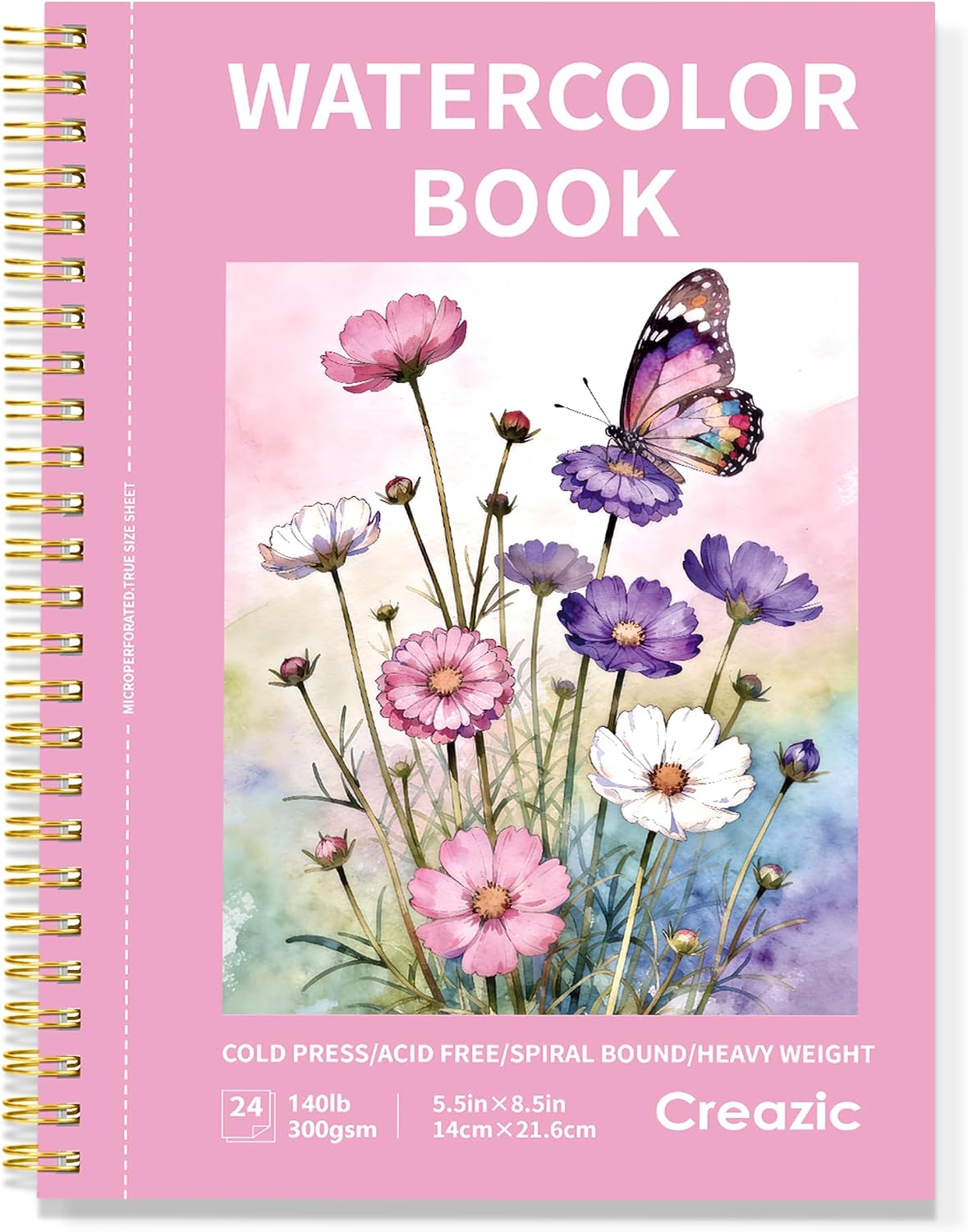 Watercolor Paper Pad, 5.5"x8.5”, Spiral, Bound with Tear - Rose Pink / 5.5" x 8.5" Spiral Bound