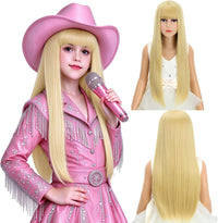WAVELNM kids long straight black wig with hot pink highlights and bangs - view 4
