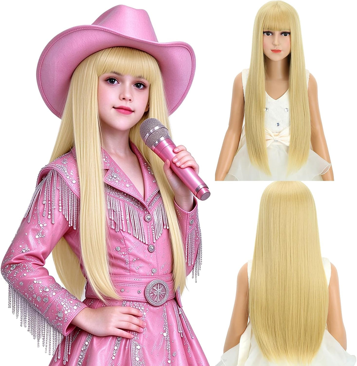WAVELNM kids long straight black wig with hot pink highlights and bangs - view 4