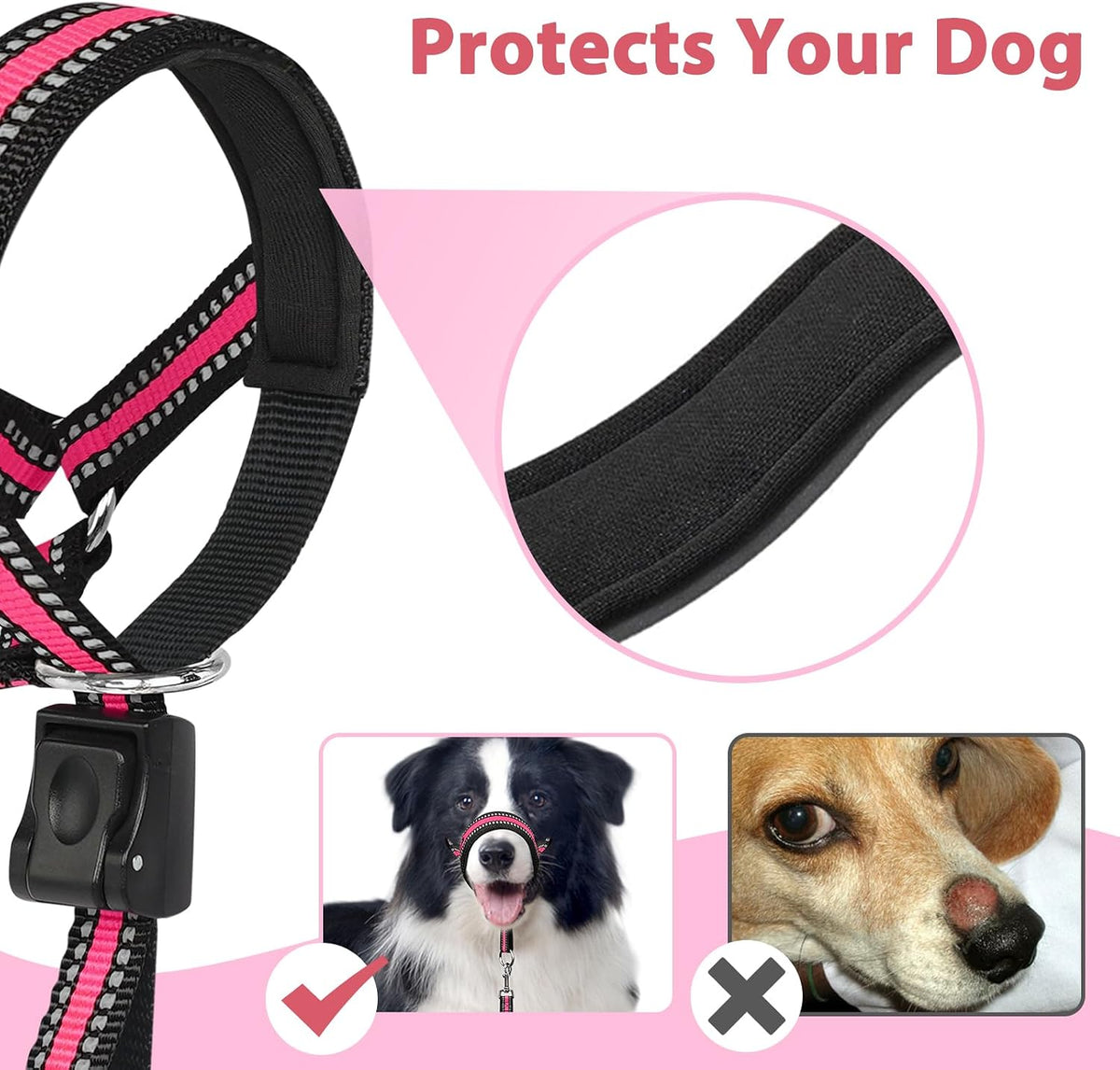 Soft Dog Head Collar, Patented Padded No Pull Training Head Halter – Essentials for Dogs - Pink / M (Snout 8"-11") - image 2