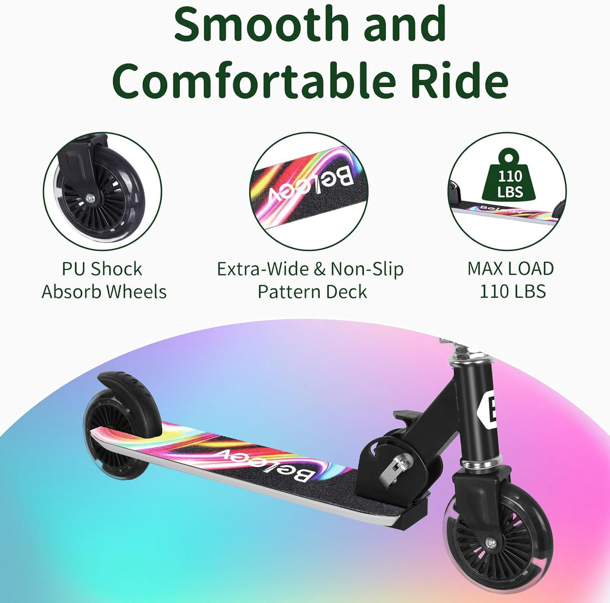 BELEEV V2 Scooters for kids Light-Up Wheels & Stem & Deck - Black Rainbow - image 4