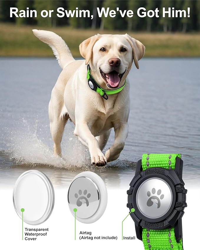 TagME Airtag Dog Collar,Waterproof Reflective Pet Collar with Airtag Holder,Soft Padded and Double D-Rings for Large Dogs,Green