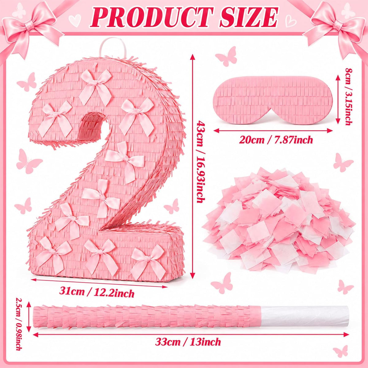 Feifeiya pink bow piñata with pink and white bat, eye masks and confetti - view 23