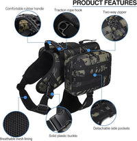BYGD Dog Saddle Backpack for Hiking, Lightweight Waterproof Harness with Removable Bags for Large Dogs, Outdoors (Camo)