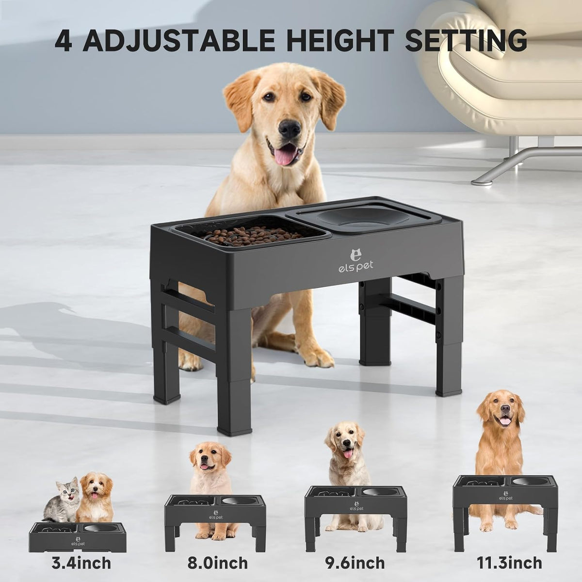 ELS PET Adjustable Elevated Dog Bowls - Stainless Steel Slow Feeder Bowl - image 2