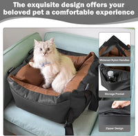 Dog Car Seat for Small Dogs, Large Leather Dog Car Bed with Storage Pocket, Waterproof PVC Leather Booster Seat Travel Bed for Front & Back Seat, Clip-On Safety Leash (Black/Brown)
