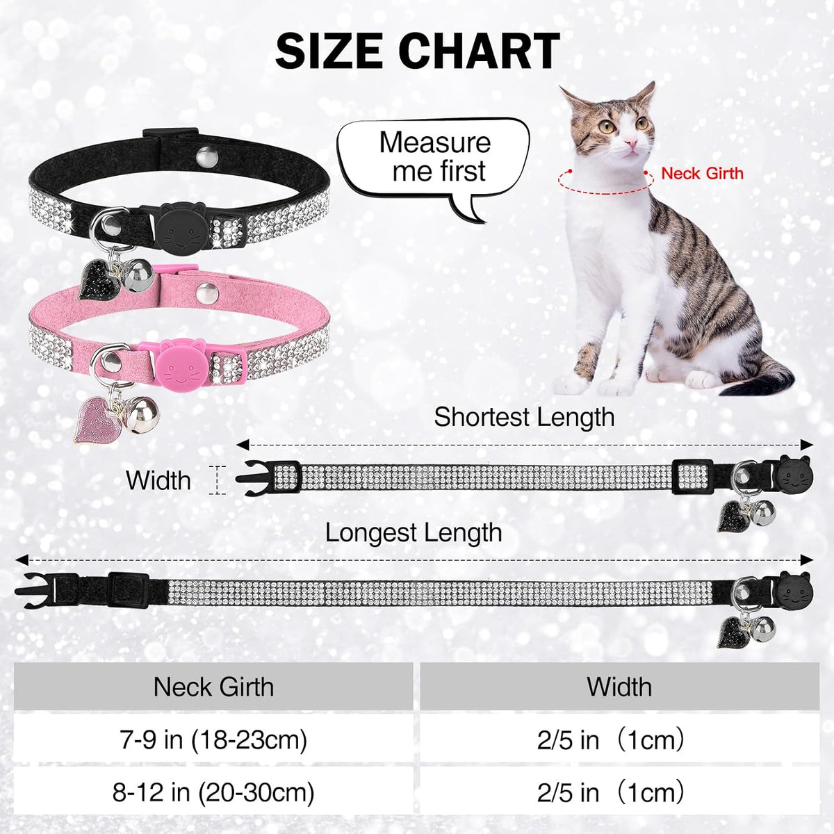 Rhinestone Cat Collar Breakaway, Bling Sparkly Diamond - Pink + Black / 7"-9" For Cats - image 4